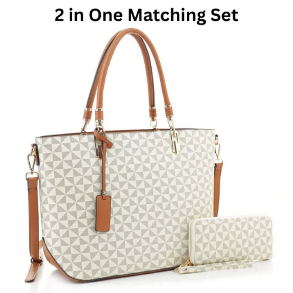 2-in-1 Large Geometric Monogrammed Tote Set with Matching Wallet